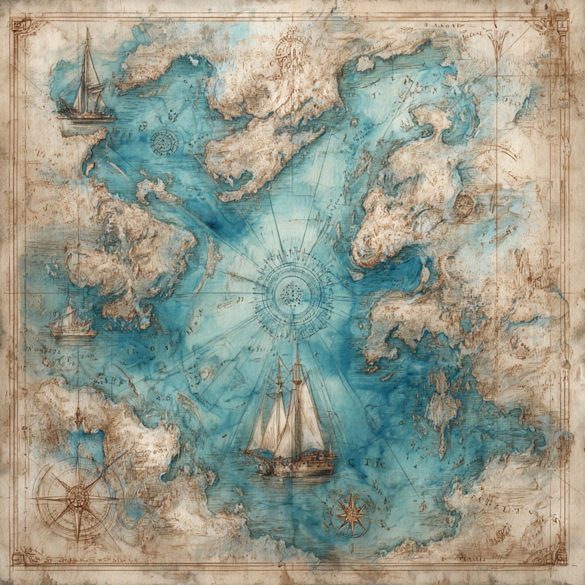 Atmospheric antique-style nautical chart with coastal departure and arrival anchors, two ships following a curved sea route, and a short connection to a land-stay marker on shore.